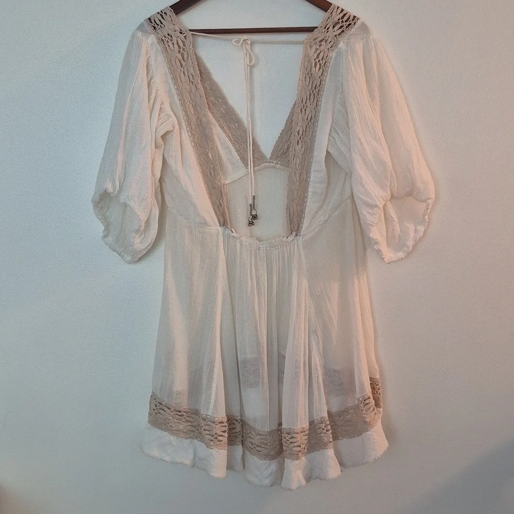 NWOT Free People Boho Festival Gauzy Cotton Dress Crochet Trim Oversized - Picture 2 of 8